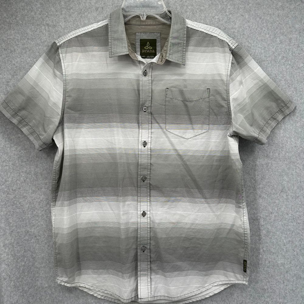 pRAna Men's Tamrack Button Down Shirt Gray‎ Stripes Outdoor Gorpcore Size Large